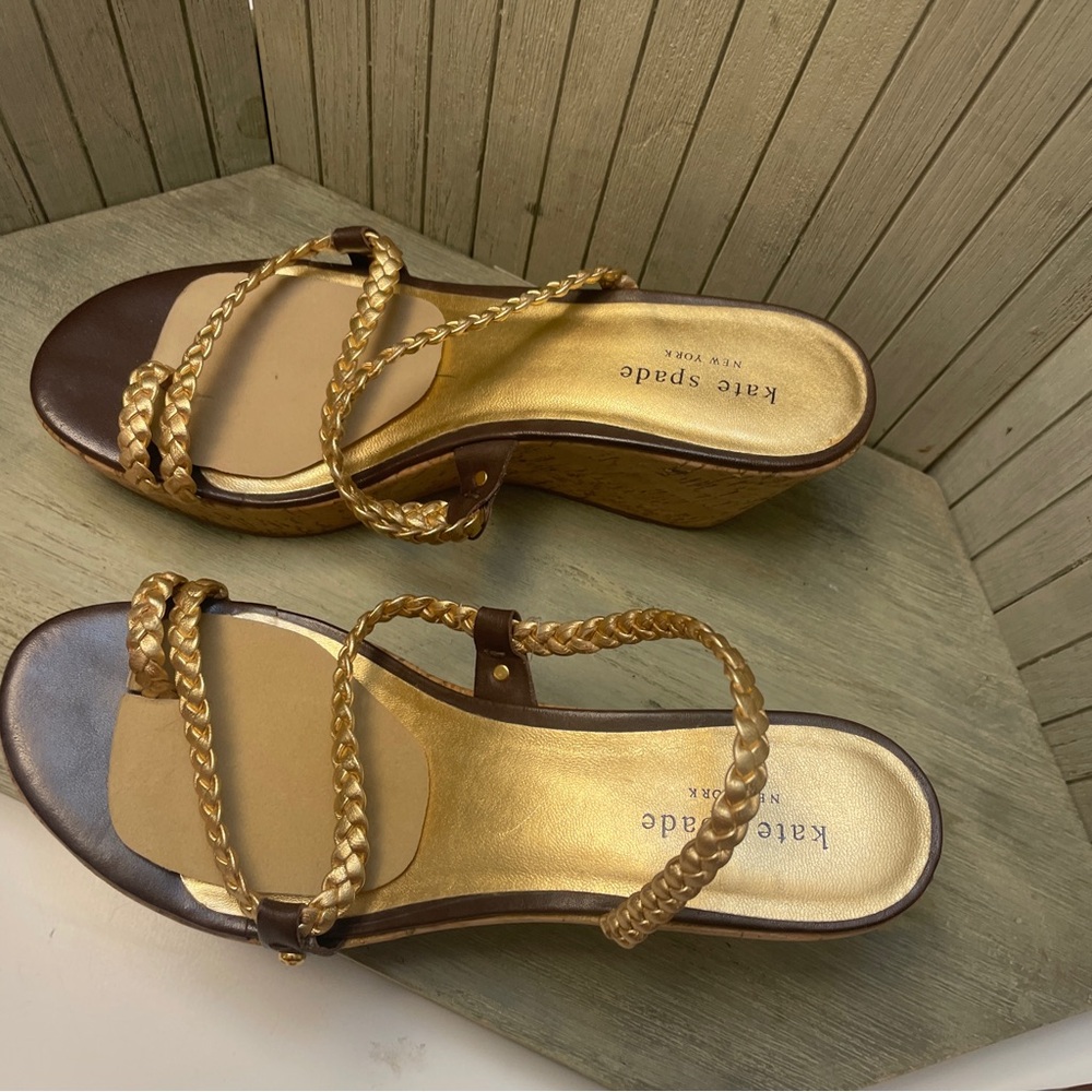 Kate Spade Brown and Gold Wedge Sandals Made in Spain 8.5 - Picture 3 of 9